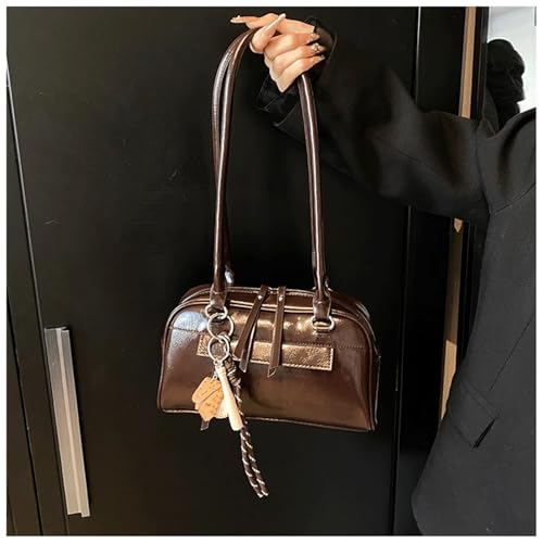 Bowler Bag Purse PU Leather Purse with Top Handle Long Strap Satchel Handbag Retro Shoulder Bag for Women2