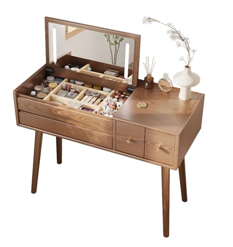 KungFuWood Makeup Vanity Desk with 3 Lighting Modes, Solid Wood Vanity Desk with Mirror Dressing Table Set 4 Drawers,Space-Saving Vanity for bedrooms(walunt)