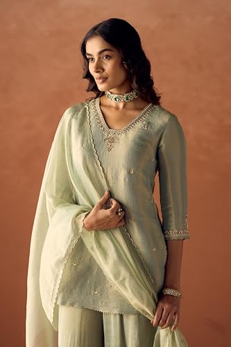 Image of FIORRA Women Pista Green Tissue Blend Hand Embroidered Kurta Set with Dupatta