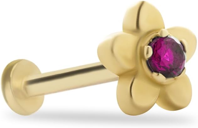 generic Flower Stud Labret Cartilage Piercing Earring With Red Zircon - 14K Solid Yellow Gold - For Helix Tragus Lobe Conch Flat & Other Body Piercing BY KORAL JEWELRY