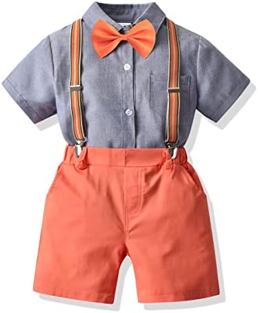 PureMilk Toddler Boy's Gentleman Long Sleeve Shirt + Suspenders Pants Suits (Short Orange, 1-2T)