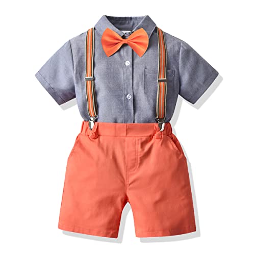 Puremilk Toddler Boy's Gentleman Long Sleeve Shirt + Suspenders Pants Suits (Short Orange, 1-2T) #TOP1