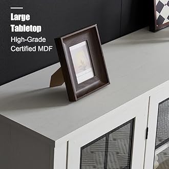 AMERLIFE 63" Sideboard, 6 Adjustable Shelves Sideboard Buffet Cabinet with 4 Doors, Accent Storage Credenzas for Dining Room, Living Room, Distressed White