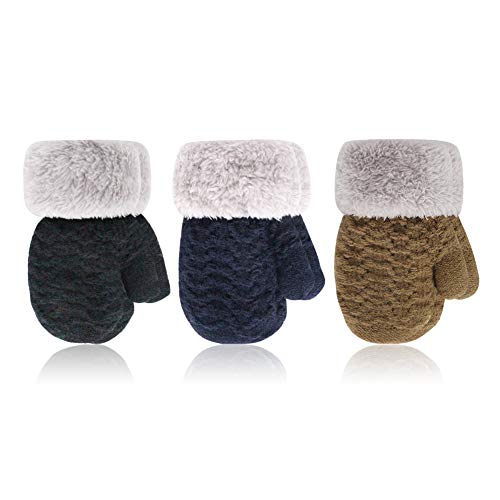 ORVINNER 3 Pairs Baby Toddler Winter Mittens Kids Warm Sherpa Lined Mittens Thicken Knit Gloves for Boys Girls (Black/Navy/Mocha)