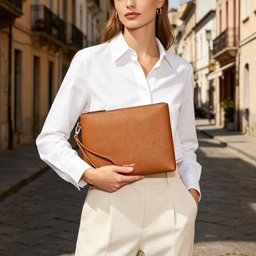 Image of DORIS&JACKY Women Leather Clutch Purse and Phone Wallet with Wristlet Strap | Soft Designer Evening Party Bag, Thin Slim RFID Blocking Cellphone Pouch Case, Formal Casual Handheld Premium Little Purse
