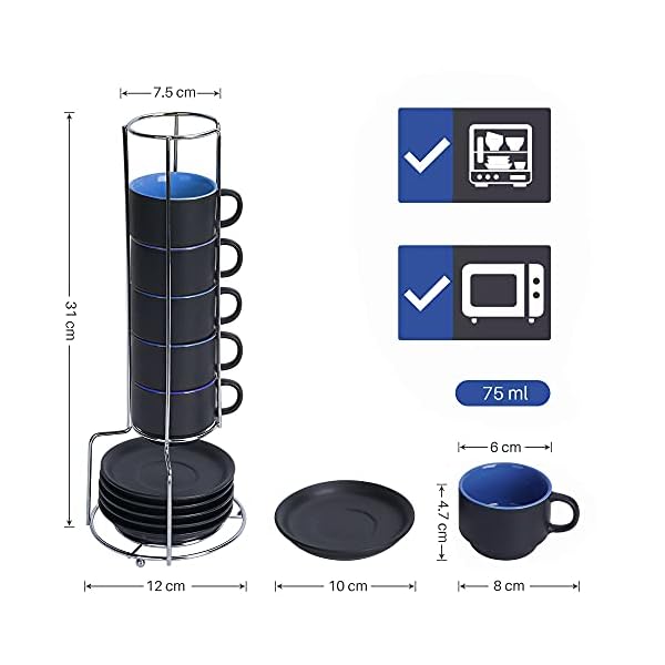 MIAMIO - 6 x 75 ml Espressotassen Set/Espresso Tassen Set mit Untertasse & Ständer - Kaffeetassen Set 6er Kaffeebecher Keramik - Le Papillon Kollektion – Bild 4