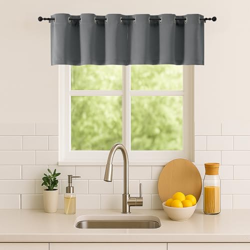 Image of Simplebrand Light Grey Window Valance for Kitchen 14 Inches Long 2 Panels Set, Room Darkening Valance Curtains for Living Room, Grommet Short Privacy Kitchen Curtains for Bedroom Kids Room, 40Wx14L
