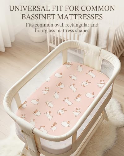 Image of Bassinet Sheets for Baby Girls Boys 3 Pack, Fitted Baby Mattress Sheet for Rectangle, Oval, Hourglass Bassinet Mattress, Breathable Cozy & Universal Fit (Blush Bunny, Bassinet Sheet)