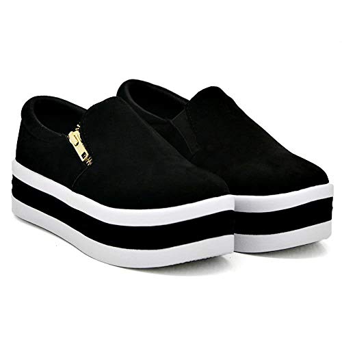 Slip On Feminino Sola Alta Tênis Plataforma Com Zíper Macio Iate Camurça Para Ficar Alta Cor:Preto;Tamanho;34