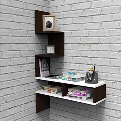 Image of Big Zigzag Engineered Wood Corner Wall Mount Shelf Unit Racks and Shelves for Living Room (Brown & White)