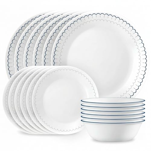 Corelle 18-Piece Dinnerware Set Service for 6, Lightweight Round Plates and Bowls Set, Vitrelle Triple Layer Glass, Chip Resistant, Microwave and Dishwasher Safe, Caspian