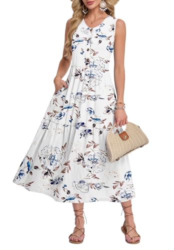 MOLERANI Summer Maxi Dresses for Women 2026 Vacation Sleeveless Loose Long Beach Dress Casual Button Down Sundresses with Pockets,Floral White-2XL