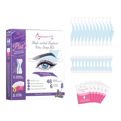 Bandas de Cera Fría Depilatoria Facial de Cejas de Arco Alto para Pieles Sensibles, 48 Tiras de Cera con 6 Toallitas Calmantes Beauty7