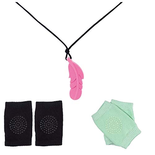 LADY HAWK Baby Knee Safety Protective Pad for Crawling, Anti-Slip Unisex Imported Socks with Leaf Shaped Pink Silicone Teether Soother Pendant. Gift Set 2 Pairs of Socks & 1 Teether.