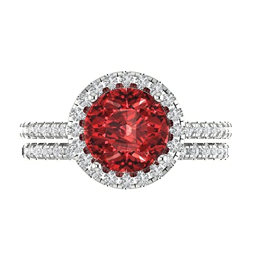 2.56 ct Round Cut Natural Garnet 14k White Gold Halo Solitaire with Accents Wedding Bridal Engagement Promise Ring Band Set