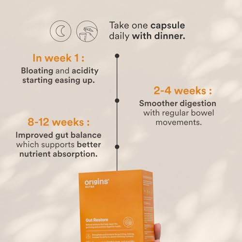 Image of Origins Nutra Gut Restore | Supports Gut Lining & Digestive Health | Eases Bloating, Constipation & IBS | Made with L-Glutamine, Marshmallow, Herbagut & GutGard | 28 Veg Capsules (Pack of 2)