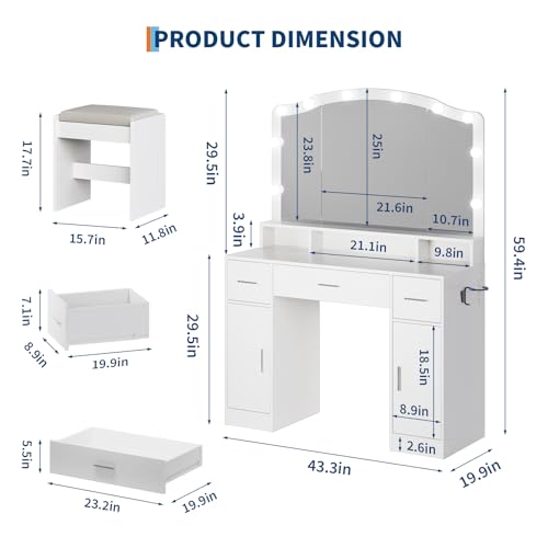 Garvee Vanity Desk with LED Lights and Storage, 10 Adjustable LED Mirror, 3 Drawers, 2 Cabinets, Charging Station AC/USB, Includes Stool, Dressing Table for Women/Girls Bedroom White