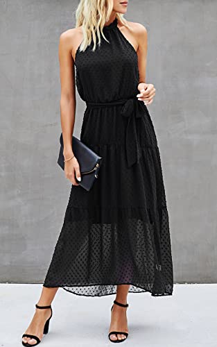 Prettygarden Women’s Casual Halter Neck Sleeveless Floral Long Maxi Dress Backless Loose Ruffle Sundress With Belt (Solid Black,Medium) #TOP2