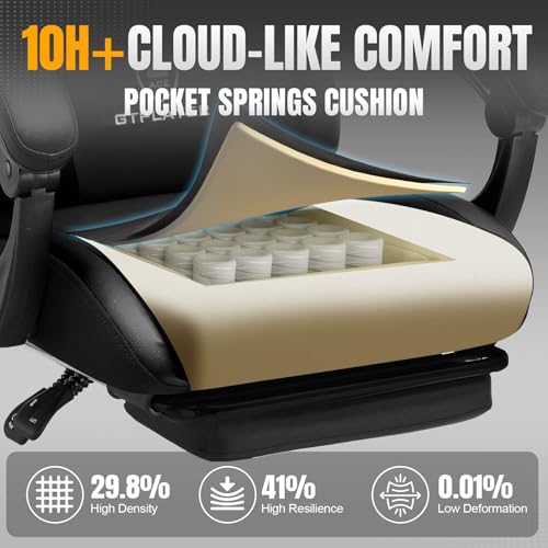 Image of GTPLAYER Gaming Chair with Pocket Spring Cushion, Leather Office Chair with Ergonomic High Back & Lumbar Support for Back Pain Relief, Computer Game Chair for Adults, Black
