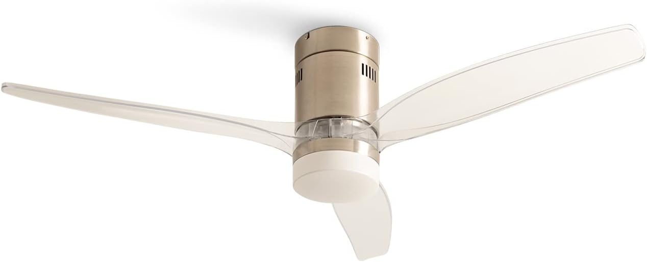 CREATE / WINDCALM DC / Ventilador de Techo Níquel Aspas Transparentes con Luz/ Silencioso, luz regulable, temporizador, Potencia 40W, Ø132 cm