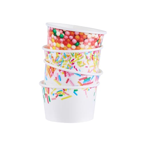 Image of Restaurantware Paper Cups 200 Count 8 Ounce Square Disposable Ice Cream Containers, Leak-Resistant Paper Dessert To Go Cups, Hot And Cold Food, Durable Assorted Sprinkle Design