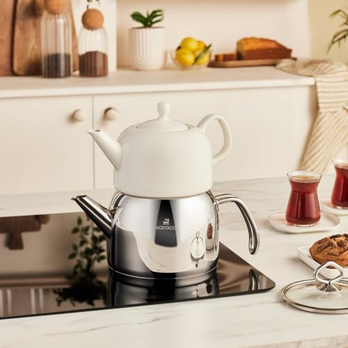 Karaca Pocelinox Porcelain & Stainless Steel Teapot Set 2-Piece Turkish Tea Maker (3L Capacity) 18/10 Grade 304 Steel & Fine Porcelain Induction Compatible & Dishwasher Safe Glass Lid