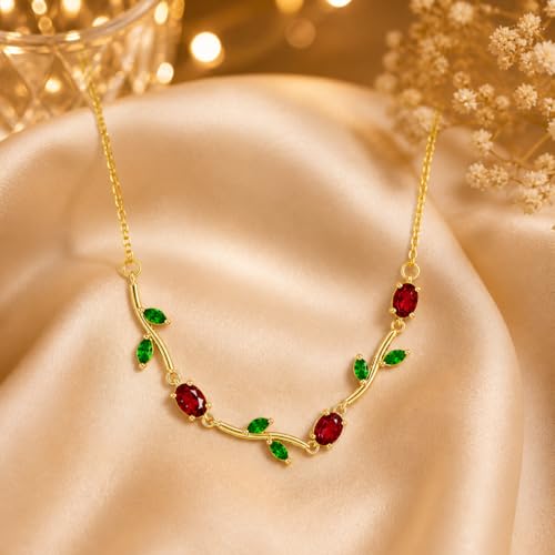 Image of Tulip Necklace for Women, Gold Toned Tulip Pendant with Red & Green Stones, Adjustable Chain, Elegant Jewellery Gift for Girls
