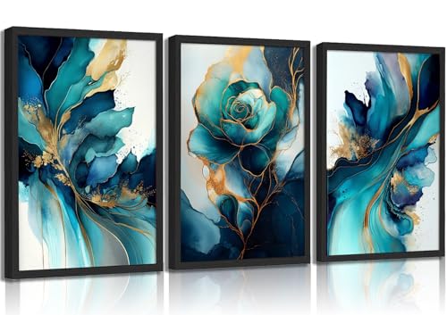 3 pcs Green gold canvas wall art Modern Blue Green and Gold Abstract Marble Fluid Posters Print Artwork Living Room wall Decor for Bedroom Bathroom Office Scene Home Decoratio 12"x16"Unframed