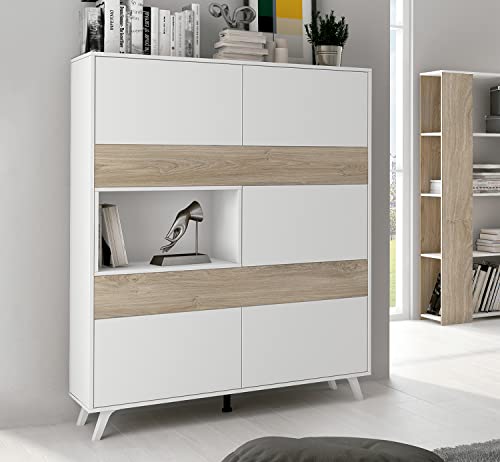 PEGANE Armoire vitrine, Buffet Haut Coloris Blanc/chêne - Longueur 120.9 x Profondeur 39.6 x Hauteur 156 cm