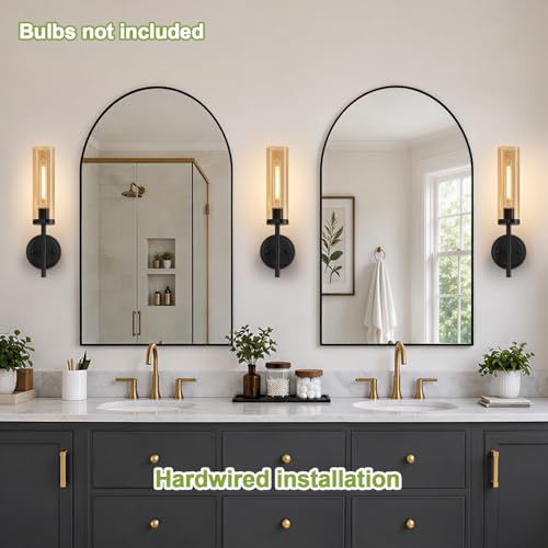 Image of MOKATNG Hardwired Wall Sconces Set of Two, Matte Black Bathroom Sconces with Amber Glass, Modern Wall Light Fixtures for Bathroom Mirror Vanity, Living Room, Hallway, Stairway, Cabinet, Foyer