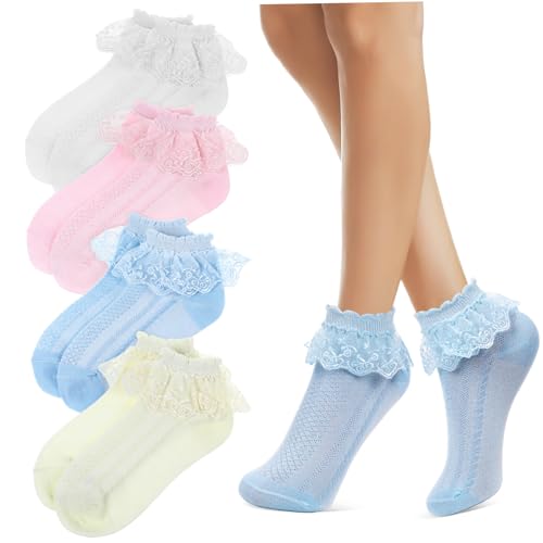 CONGARTENO Cute Girls Ruffle Socks 4 Pairs Thin Lace Ankle Socks Soft Cotton Footwear for Boys and Girls Breathable and Fashionable
