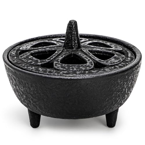 Elsjoy Cast Iron Incense Burner Vintage Tripod Incense Holder with Lid and Handle Mini Cauldron Incense Burner for Resins Cones Wax Melts