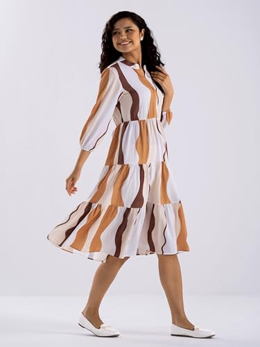 Image of AASK Women Diamond Creap Striped Printed Mandarin Collar Fit & Flare Dresss