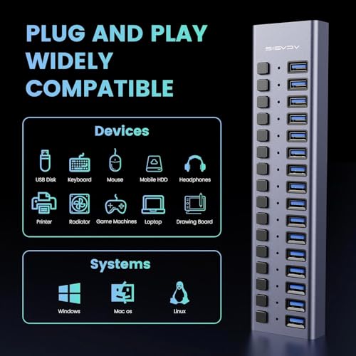 Powered USB Hub - ACASIS 16 Ports 90W USB 3.0 Data Hub - with Individual On/Off Switches and 12V/7.5A Power Adapter USB Hub 3.0 Splitter for Laptop, PC, Computer, Mobile HDD, Flash Drive and More by ACASIS - Image 6