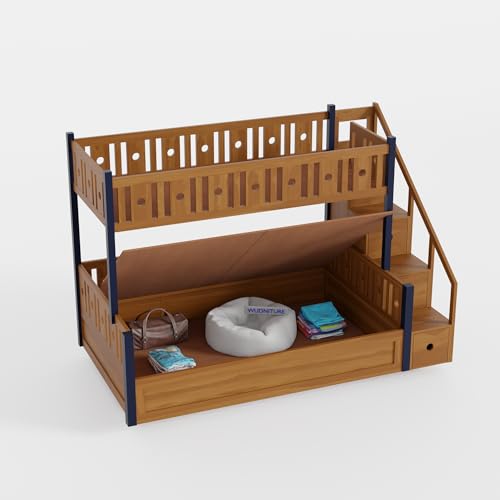 Image of Wudniture Solid Sheesham Wood Bunk Bed for Kids and Adults with Storage (Brown and Blue 02 166)