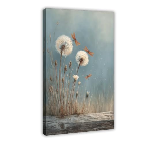 Dandelion Dragonfly Wall Art Canvas Print, Minimal Botanical Illustration on