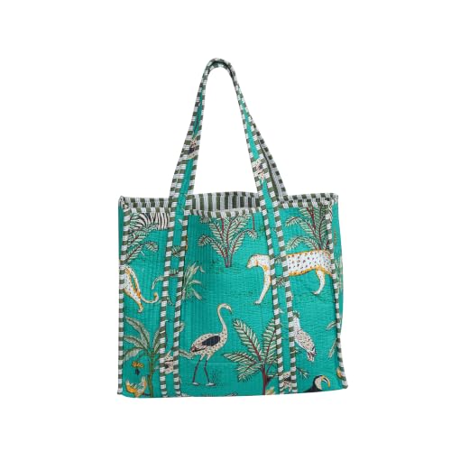 Image of Cotton Tiger Block Print Tote Bag, Indian Handmade Shopping Shoulder Bag, Unisex Market Daily Use
