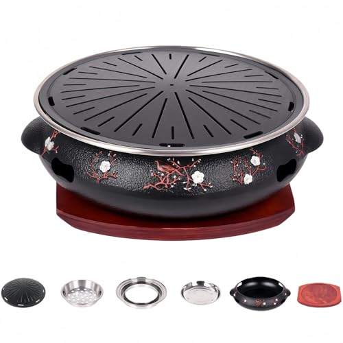 Quxxuol バーベキューグリル 焼肉プレート バーベキューコンロ 焚き火台 卓上七輪 木炭ストーブ 卓上調理器 鋳鉄製 防錆 お手入れ簡単 耐高温性 焼き皿付き 多機能 家庭用業務用 (3層スチールグリルパン)