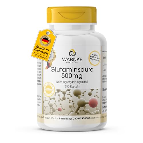 Glutaminsäure 500mg - 250 Kapseln - schluckfreundlich - vegan & hochdosiert - Großpackung | Warnke Vitalstoffe - Deutsche Apothekenqualität