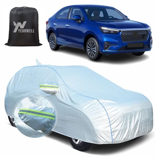 Image of Car Body Cover for Honda Amaze (2013-2017), 100% Waterproof, Heat-Resistant with Mirror & Antenna Pockets, Soft Cotton Lining, Triple Stitched, Green Reflector (Reflective Silver)
