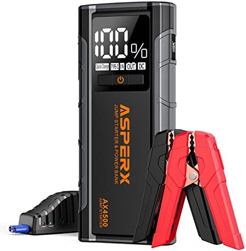 ASPERX AX4500 Jump Starter, 4500A Peak Car Jump Starter for Up to All Gas and 10.0L Diesel Engines, 12V Battery Starter with 4 Inch LCD Display, Lithium Battery Booster with Built-in LED Light
