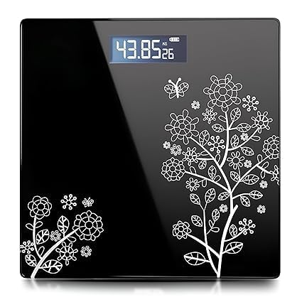 Digital Bathroom Body Weight Scale Tempered Glass LCD 150kg Black | Square Design, Health Monitoring, Electronic Weighing, Floral Pattern, Personal Scale-image-18