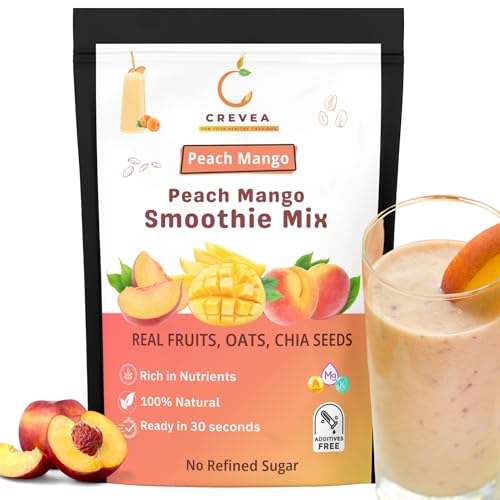Image of Crevea Peach Mango Smoothie Mix: 7-8 Serves | Natural Fruit Powder, Oats, Chia Seeds | Added Protein & Fiber | No Preservatives | No Refined Sugar - Healthy Drink | Instant Smoothie Powder - 210g