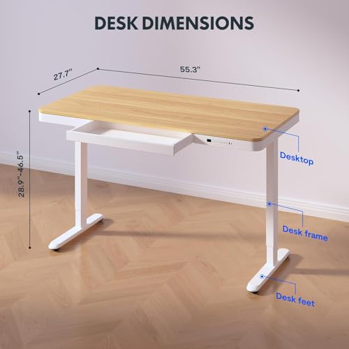 SANODESK Standing Desk with Drawer, Electric Height Adjustable Home Office Desk with Storage & USB Ports, 55 inch Maple Wood Tabletop/White Frame - Image 2