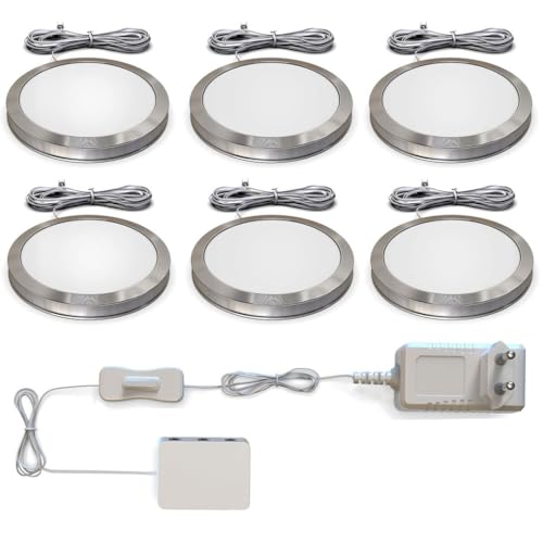 B.K.Licht 6 spots sous meubles, LED, 170Lm/spot, lampe dressing, spot en saillie encastrable cuisine vitrine placard exposition, 3000 Kelvin, ultra-plat 9,5mm,...