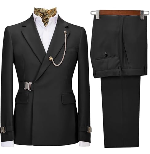 Men's 2 Piece Suit with Metal Clasp Slim Fit Suit Stylish Business Tuxedo Suit Set-34,Black