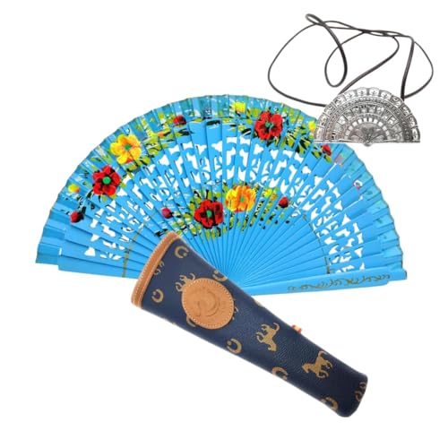 Abanico Plegable de Madera con Flores Pintadadas a Man con Funda y Cuelga Abanicos. Funda de Lona con Crermallera y Cuelga Abanico Metálico (Cielo de Verano)