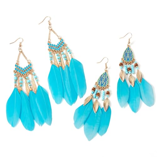 Feather Earrings Feather Long Drop Earrings Bohemian Dangle Earrings for Women, Medium, Metal, No Gemstone