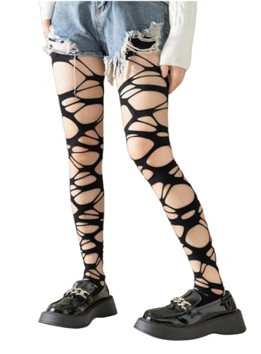 Mrotrida Women's Ripped Tights Gothic Punk Perforated Stocking Y2k Ragged Pantyhose Halloween Cosplay Leggings