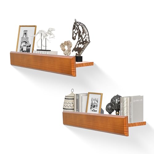 MITREL 24 Inch Picture Ledge Shelf with Lip,Floating Shelves for Wall, Set of 2 Solid Pine Wood Shelves with Invisible Brackets, Wall Storage for Living Room, Bedroom, Kitchen, Bathroom(Dark Brown)